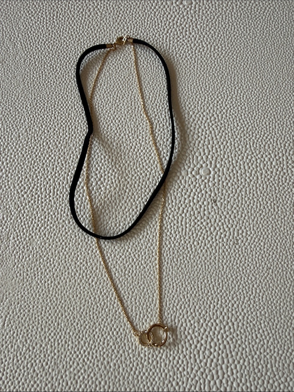 Gold Double-Ring Pendant Necklace with Black Cord